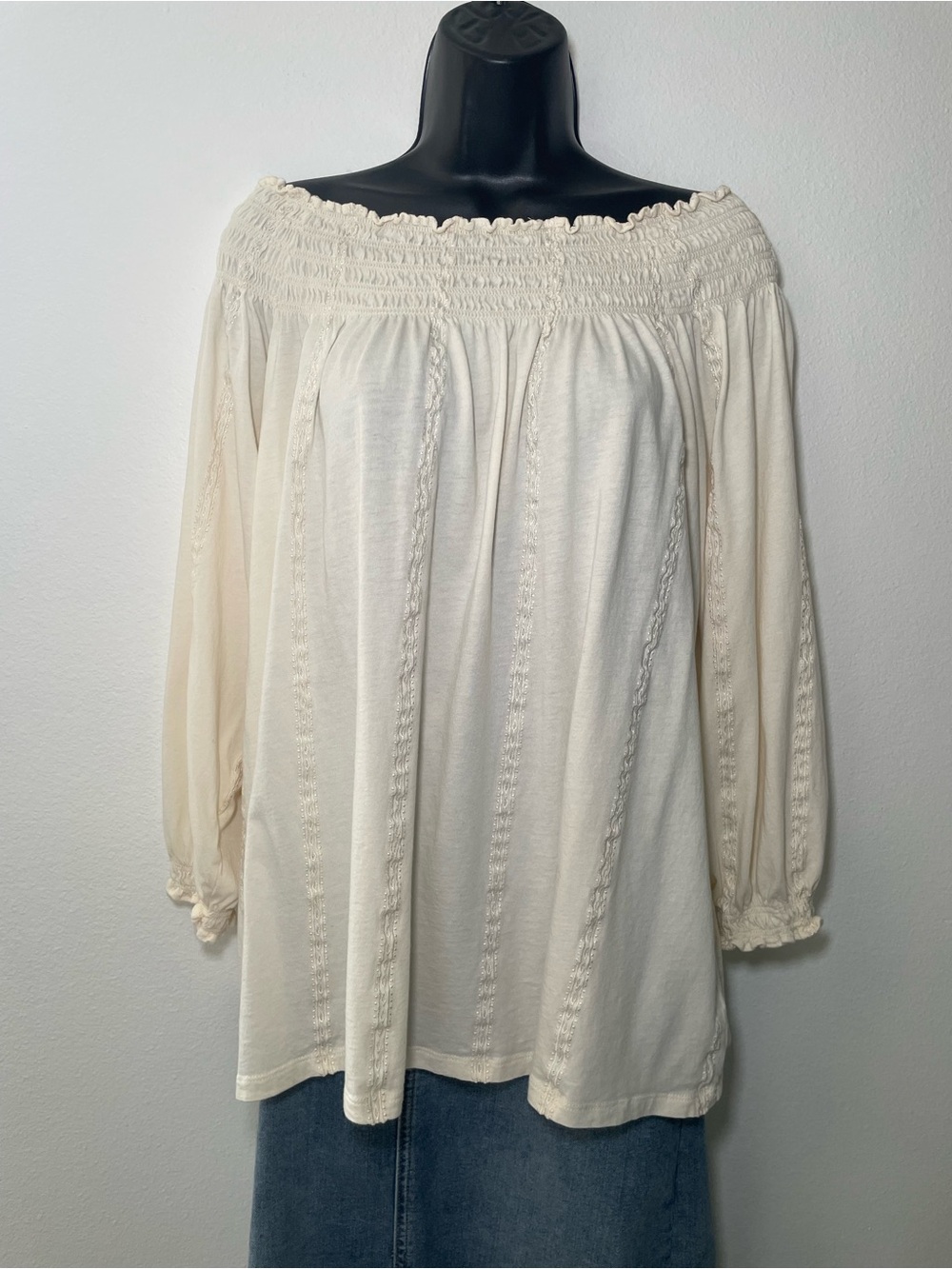 Lauren Ralph Lauren Off Shoulder Top L Cream Smocked Embroidered Boho Cotton - Picture 2 of 8